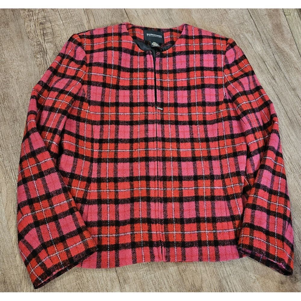 Bridgetown Collection Wool‎ Blend Pink Plaid Full Zip Blazer Jacket Women's SZ 8
